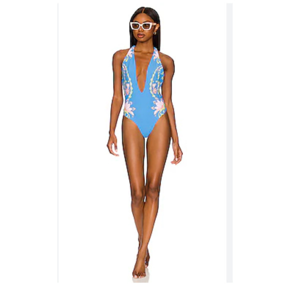 NEW Maaji Tiki One-Piece Swimsuit Blue Floral Halter Neck Deep Plunge Neck Large - Picture 4 of 9